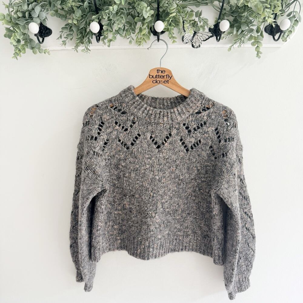 Madewell Pointelle Bubble Sleeve Sweater Chevron Knit Detail Size M AA4971
